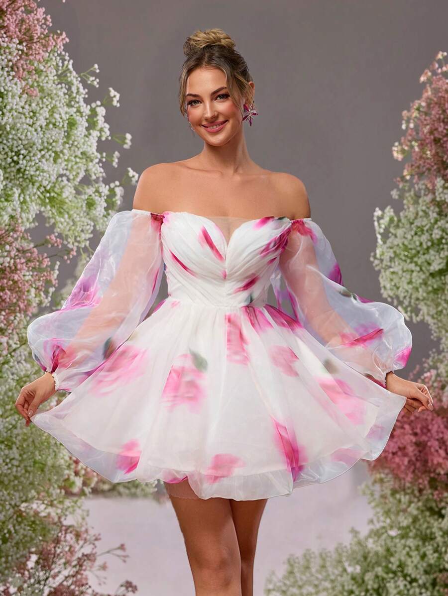 Chic Pink Organza Floral Print Lantern Sleeve Dress for Wedding Guests and  Special Occasions