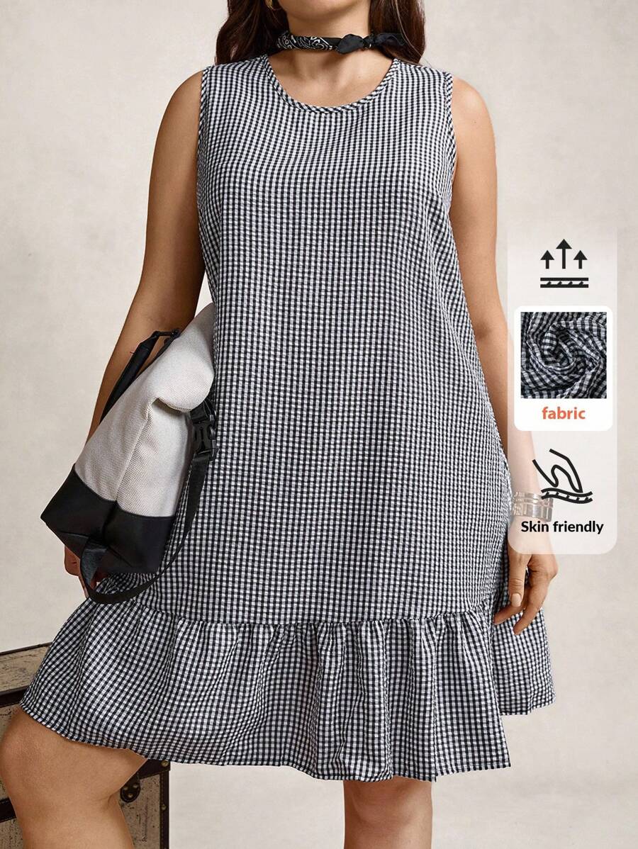 Chic Plus Size A-Line Dress with Ruffled Hem and Retro Geometric Print Canary Houze Chic Plus Size A-Line Dress with Ruffled Hem and Retro Geometric Print Canary Houze