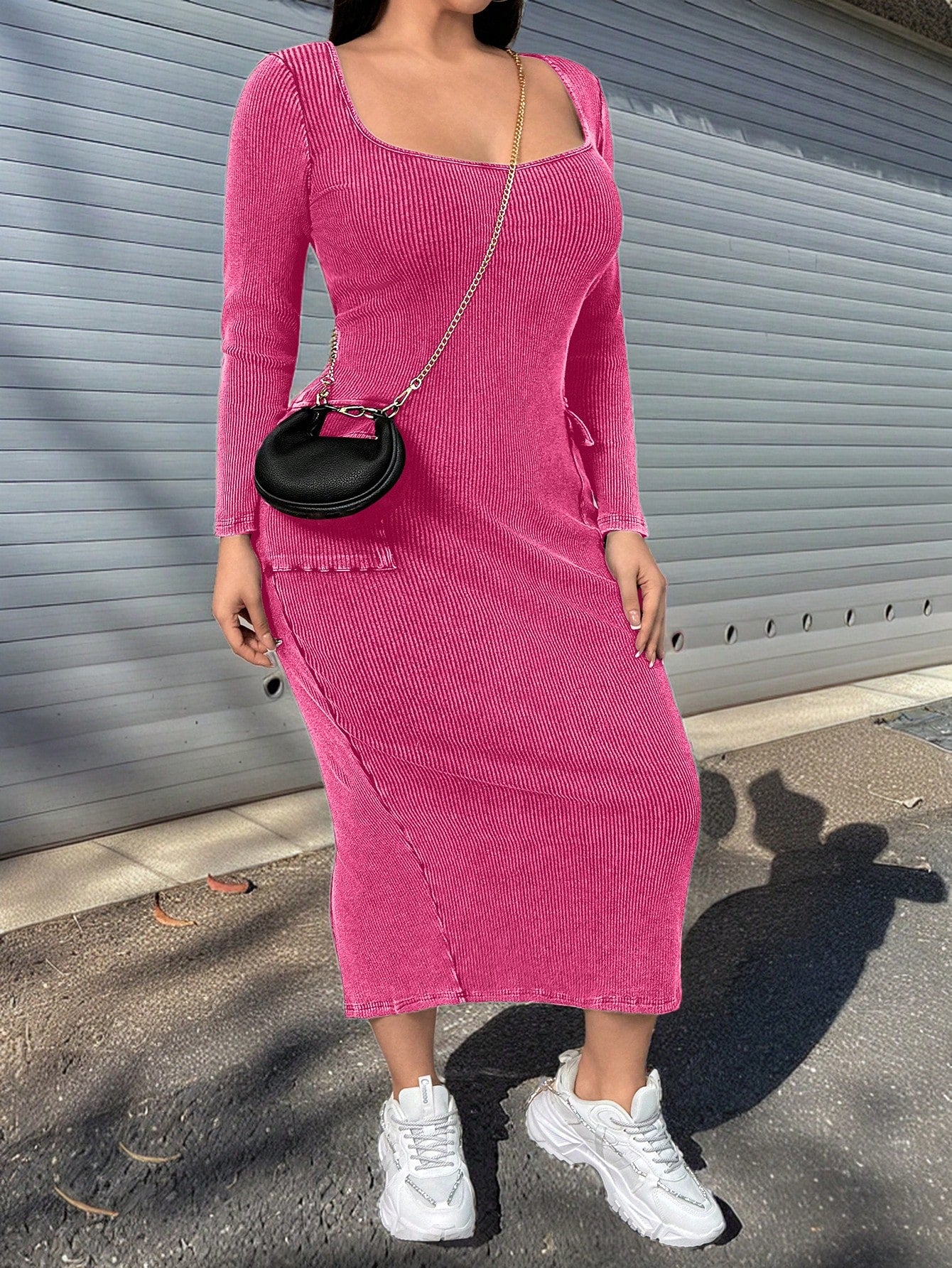Chic Plus Size Bodycon Dress with Open Collar, Distressed Effect, and – Canary Houze