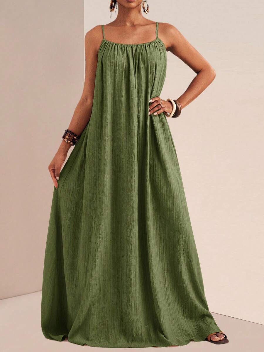Spaghetti Strap Flowy Maxi Dress Khaki / 2XL
