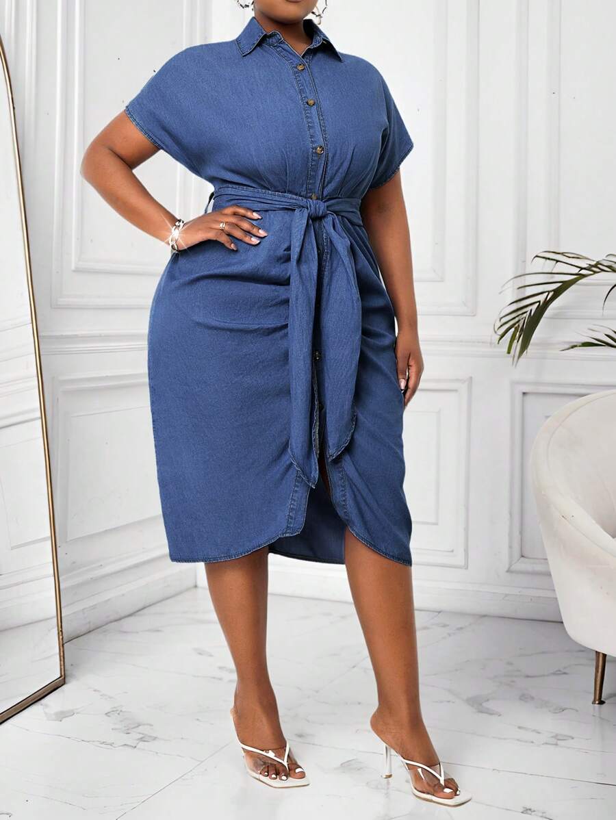 Chic Plus Size Denim Midi Dress for Women - Casual Short Sleeve Blue D Chic Plus Size Denim Midi Dress for Women - Casual Short Sleeve Blue D