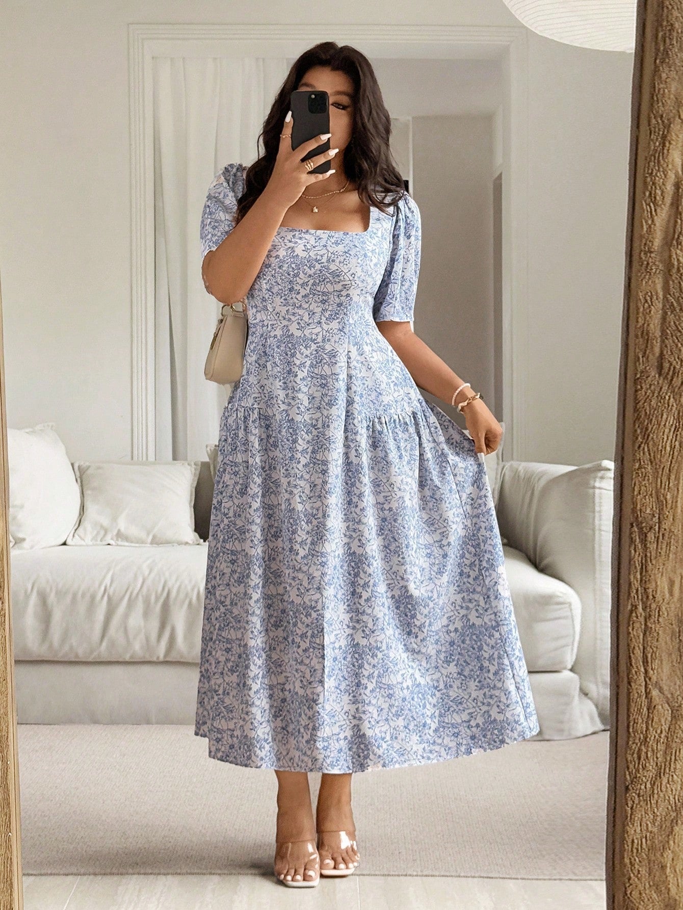Chic Plus Size Floral Maxi Dress for Women - Elegant Spring Summer A-Line Style with Square Neck and Cinched Waist Chic Plus Size Floral Maxi Dress for Women - Elegant Spring Summer A-Line Style with Square Neck and Cinched Waist