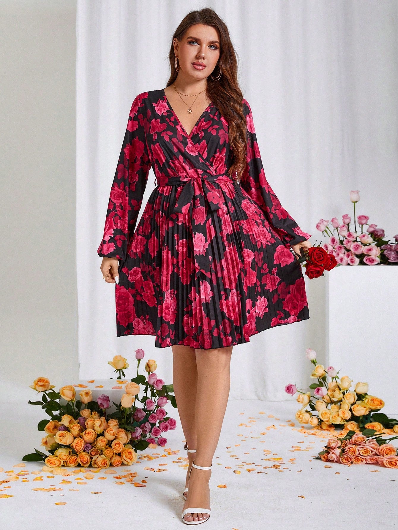 pleated dress flowers Chic Plus Size Floral with Belt - Perfect for Spring & V – CANARY HOUZE Bump-friendly wedding guest dress floral print and flowing elsa frozen costume Add Accessory:Add Sash_One Size