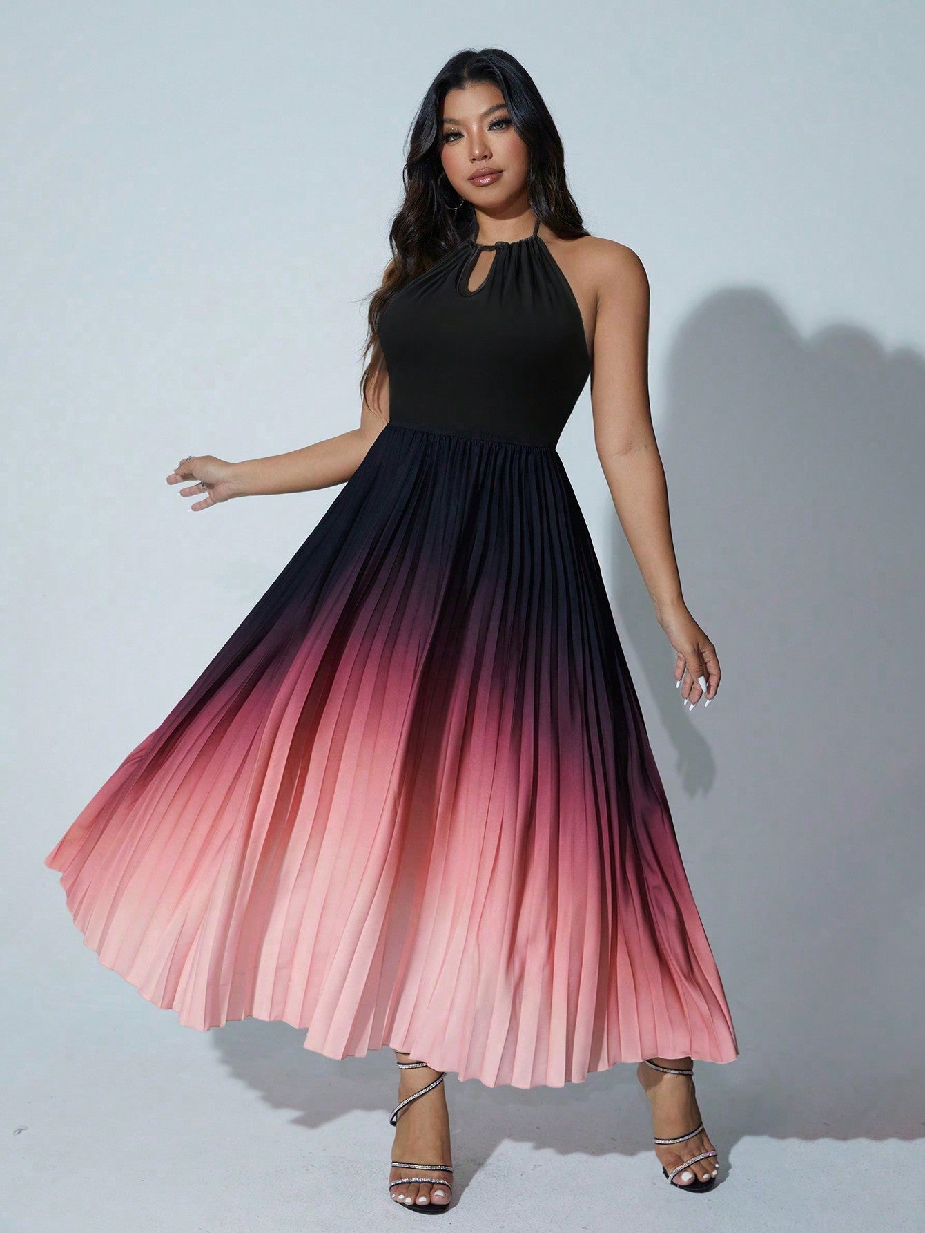 Chic Plus Size Ombre Halter Neck Pleated Dress for Elegant Occasions Chic Plus Size Ombre Halter Neck Pleated Dress for Elegant Occasions