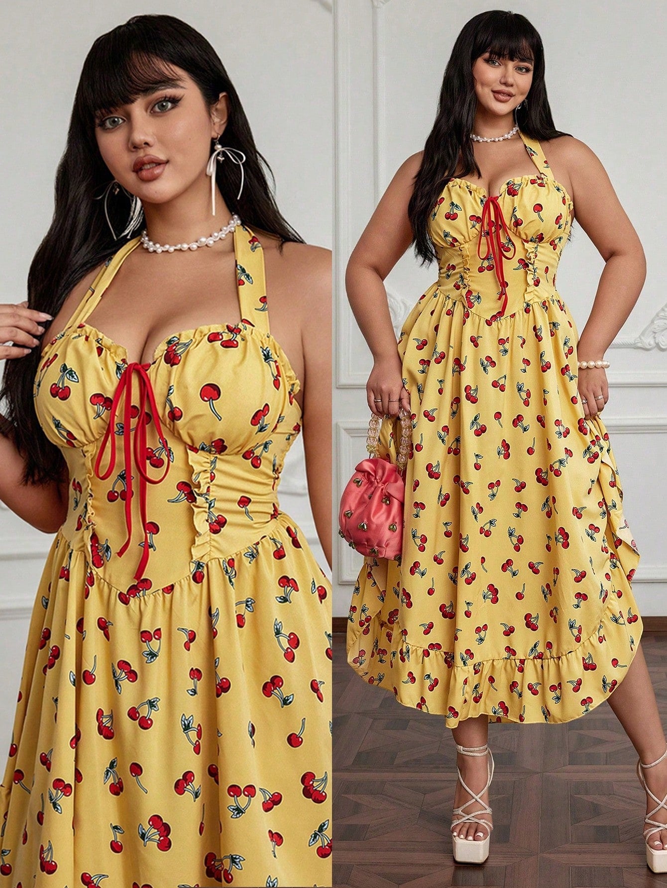 Chic Plus Size Women's Summer Cherry Print Asymmetrical Hem Dress for