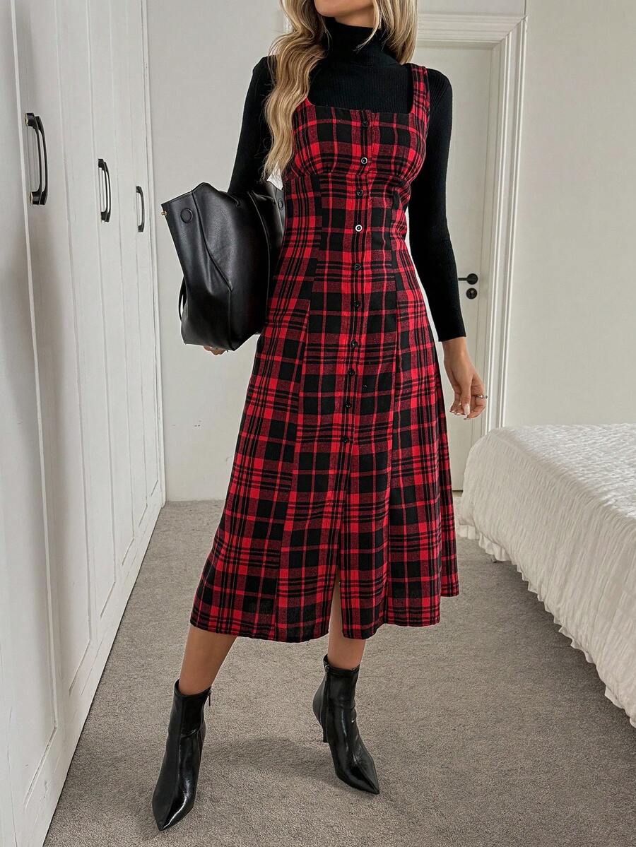 Chic Red Plaid Midi Dress with Square Collar and Waist Tie - Perfect f – CANARY HOUZE