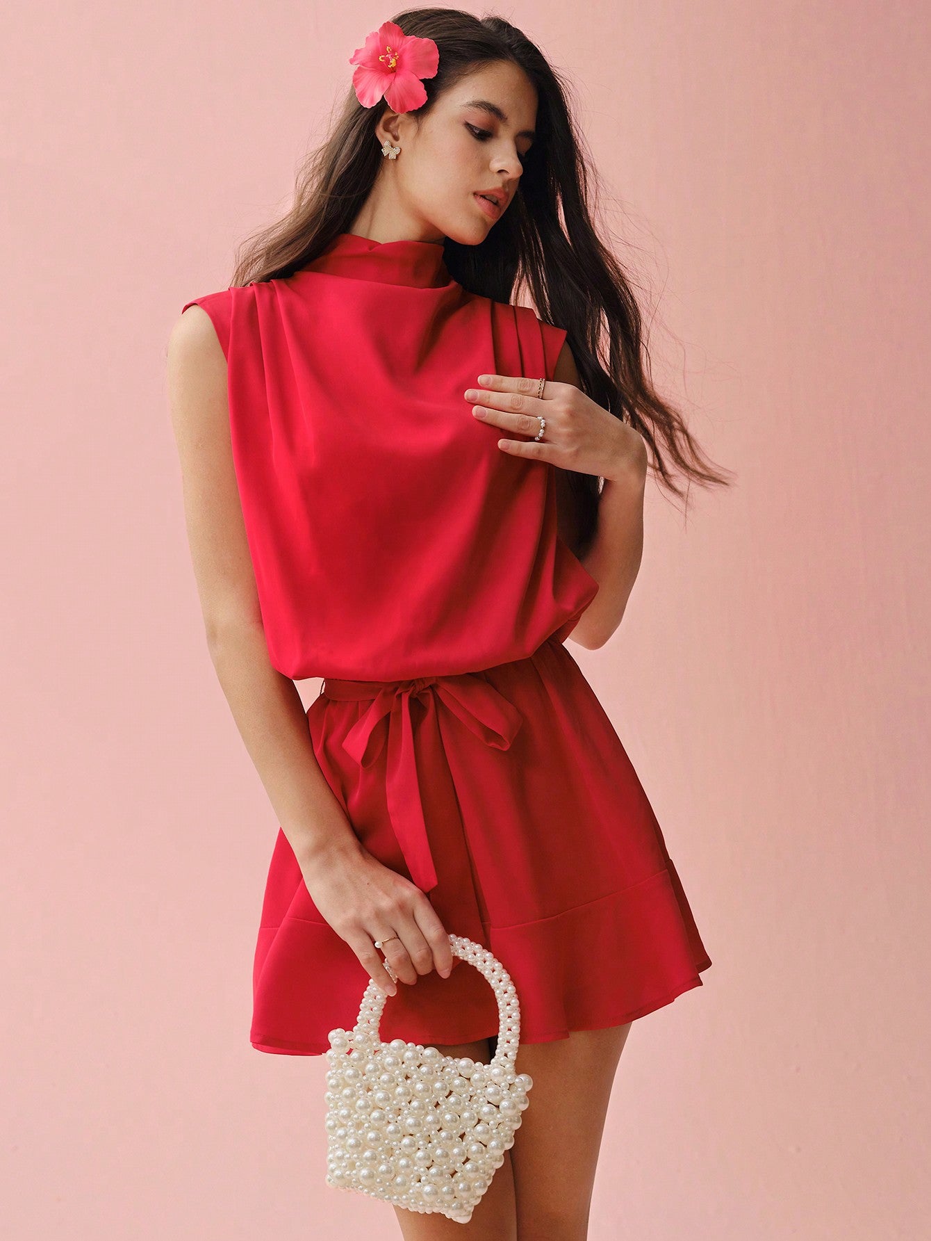 red sleeveless turtleneck dress Chic Red Turtleneck Sleeveless Dress with Knotted Waist for Romantic Dates  and Celebrations