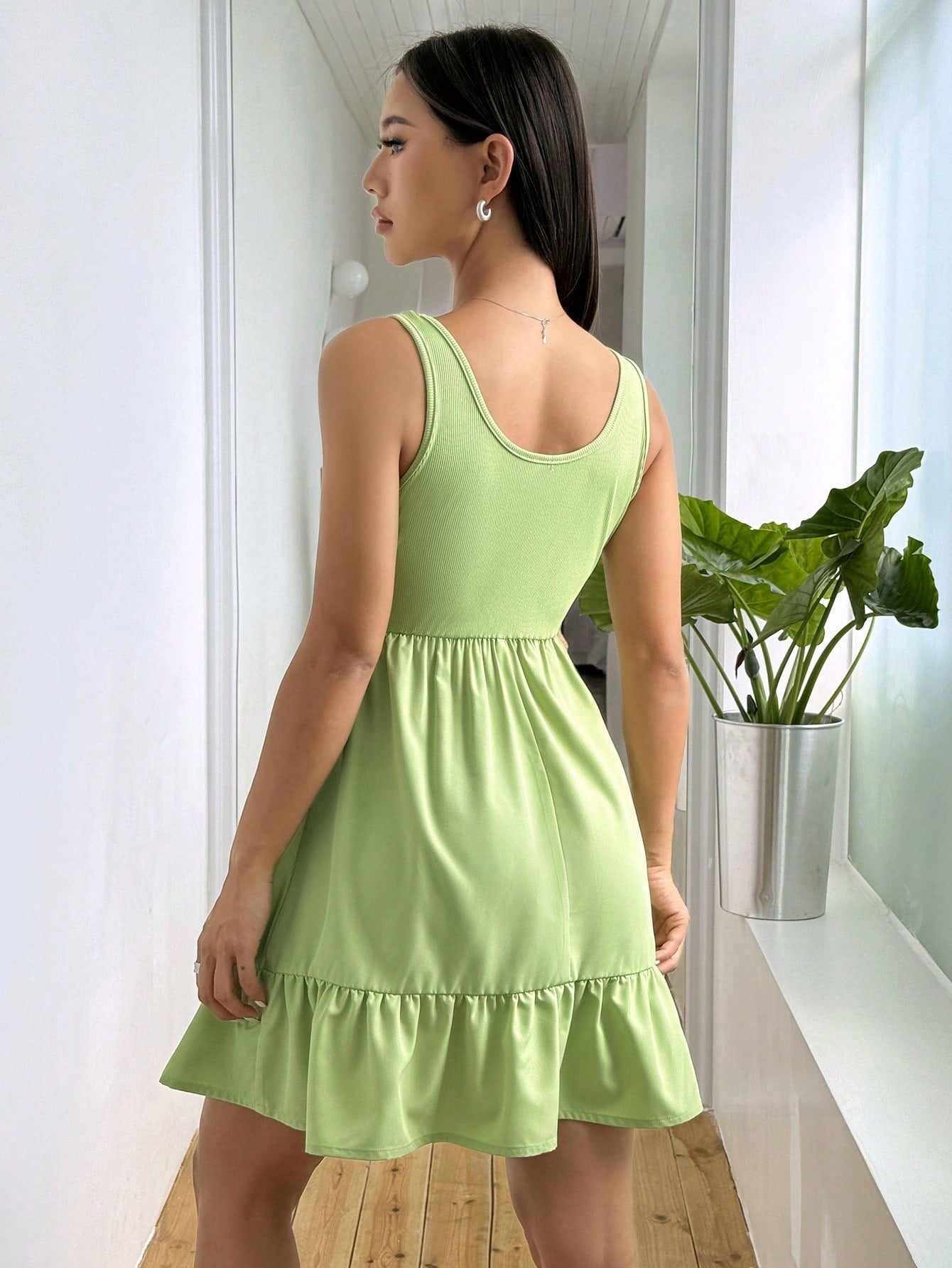 ribbed one piece dress GeeRA nelliy. Back Open Color-Blocked Ribbed One-Piece Dress