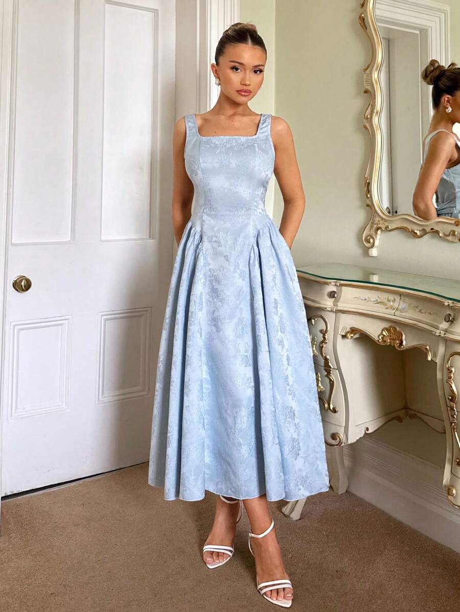 Chic Spring Midi Dress with Square Neck and Butterfly Back for Women -