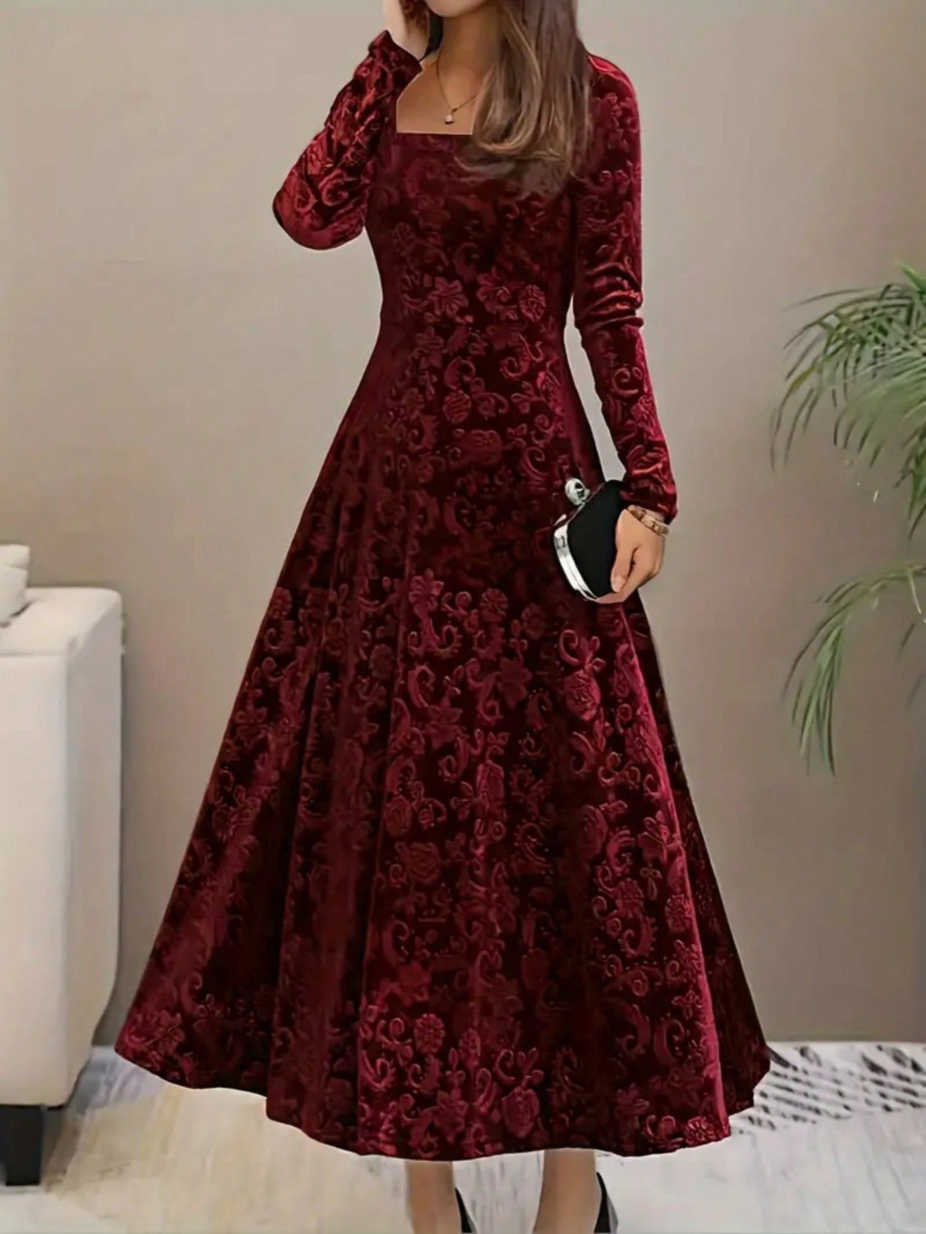 Chic Velvet Floral Swing Dress with Square Neckline - Perfect for Fall Chic Velvet Floral Swing Dress with Square Neckline - Perfect for Fall