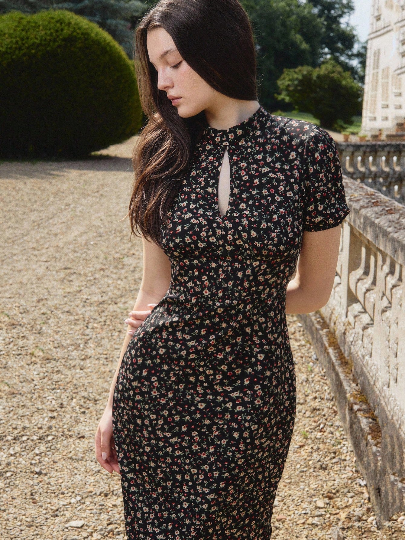 vintage style homecoming dresses Chic Black Floral Print High Neck Dress for Office and Homecom – CANARY HOUZE this dress will make Sizes:4 Chunky Blue Cheese Dressing MORI LEE