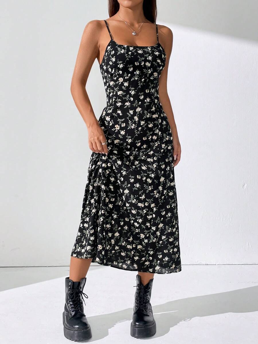 black floral spaghetti strap dress Chic Women's Print for Summer Tea P 208 Exclusive Of Decoration Black dress with the Mock Neck Mesh Overlay Dress | Sheer Formal Dress for Musicians (Size):L