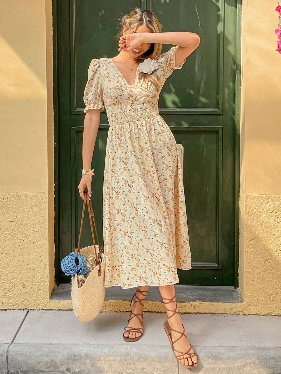 floral ditsy midi dress Chic Yellow Ditsy Floral Midi Dress with Puff Sleeves for Effortless S