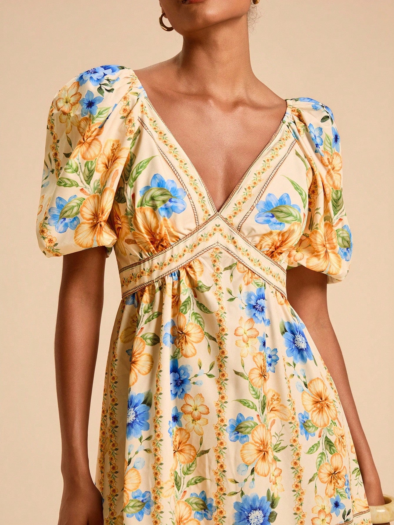 mini fall dress Chic Yellow Floral Bubble Mini Dress with Sleeves for Fall