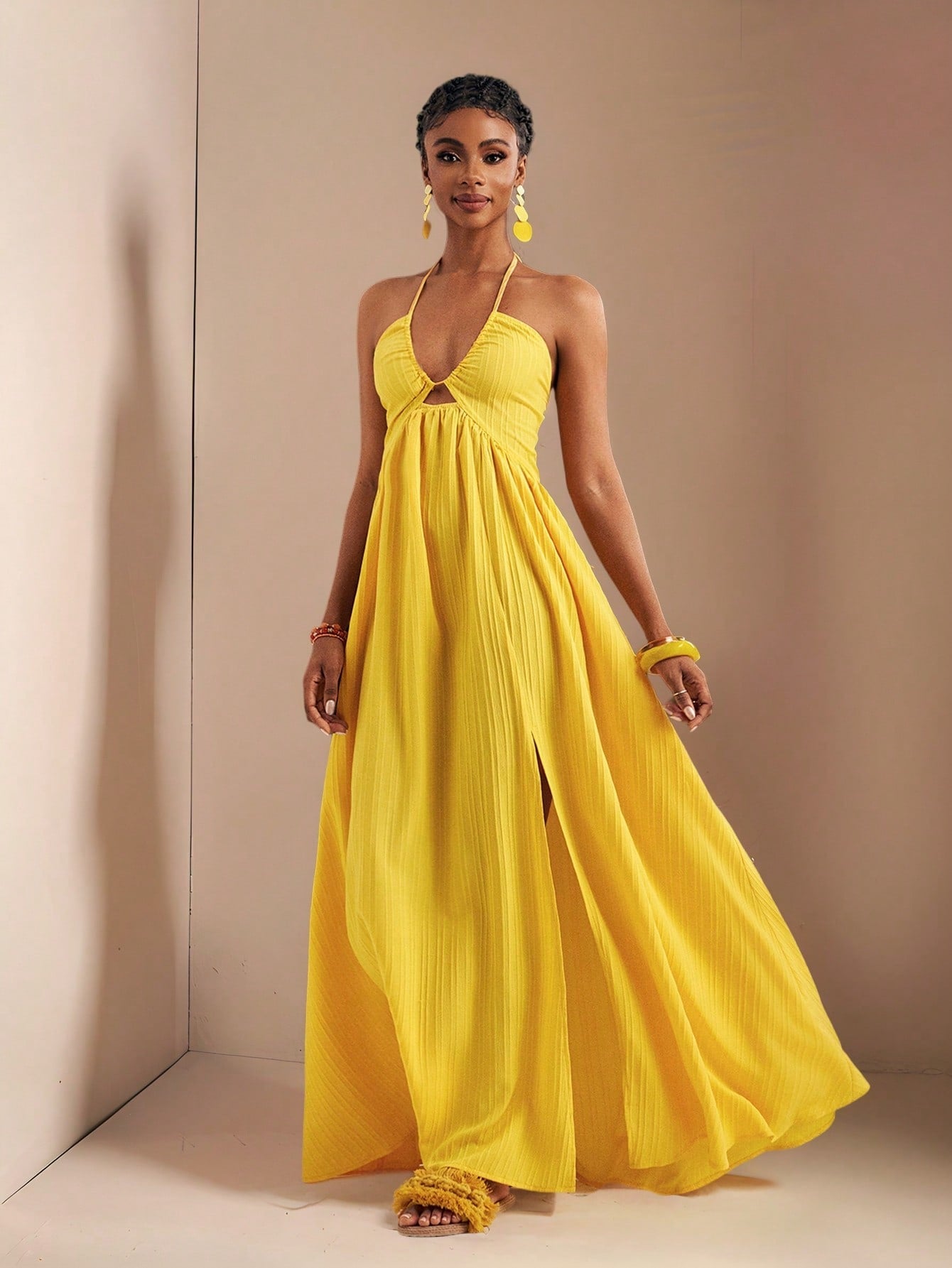 Chic Yellow Sea Stripe Halter Neck Maxi Dress for Effortless Summer St –  Canary Houze