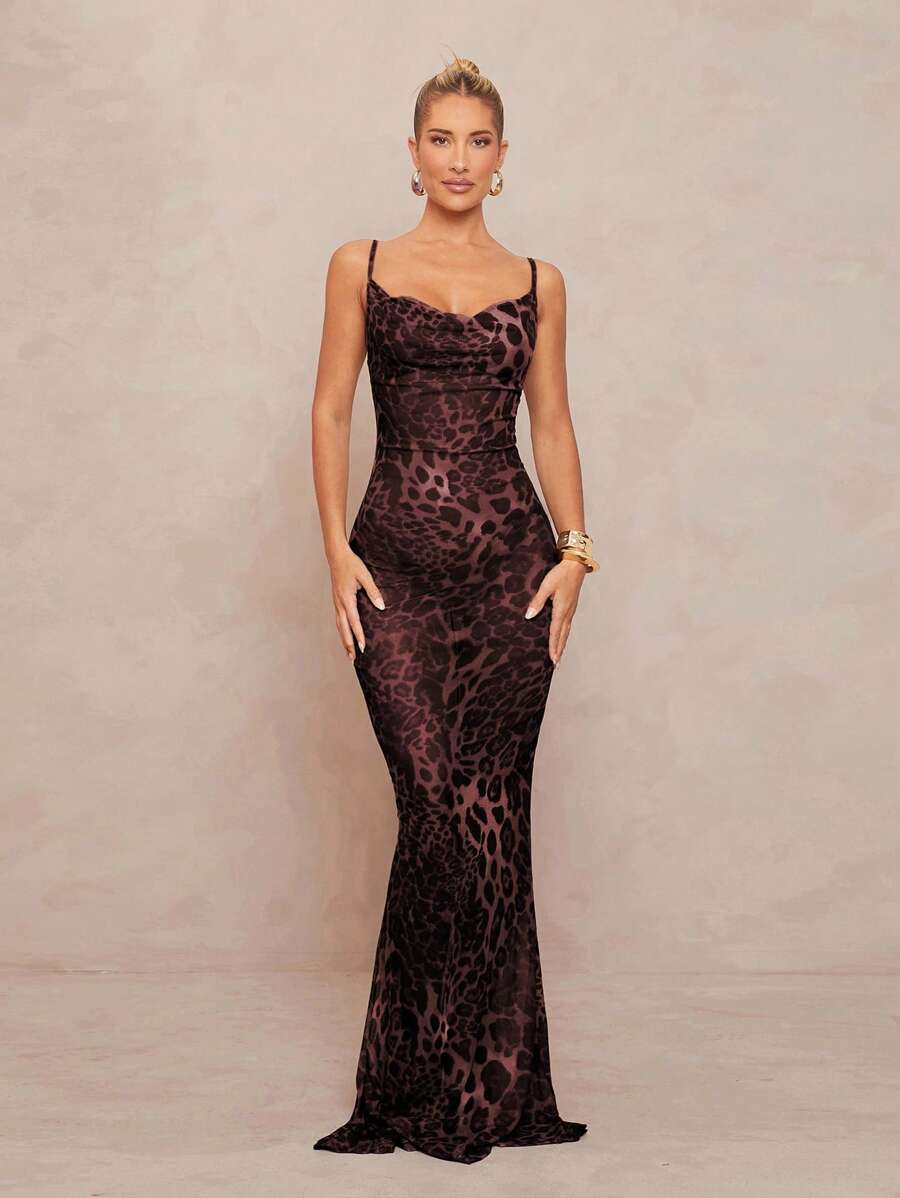thigh length bodycon dress Coffee Brown Leopard Print with Plunging Neckline and Th – CANARY HOUZE formal dress with boots