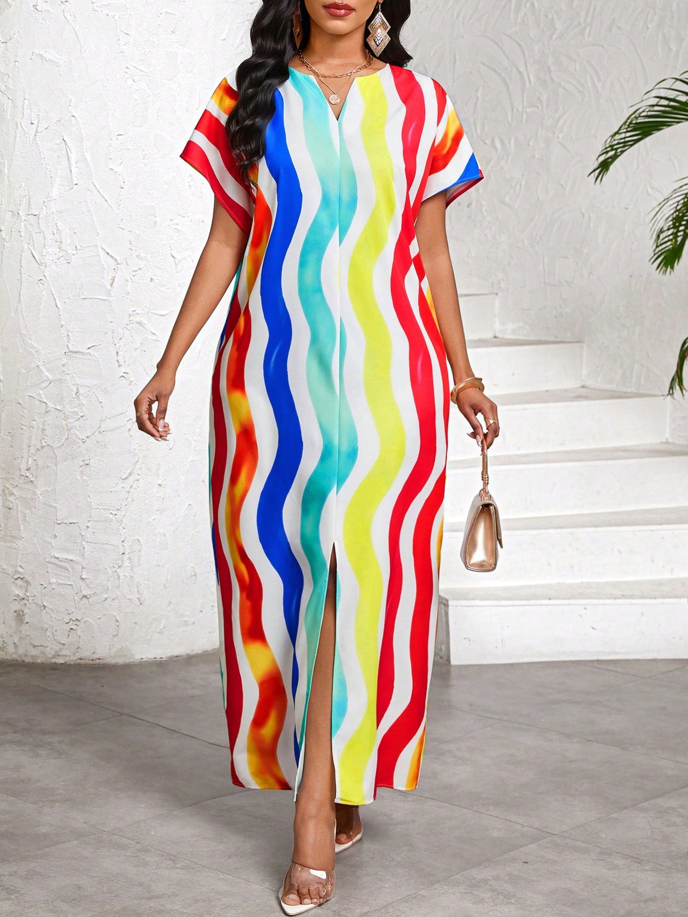 Colorful Wavy Pattern Long Dress - Women's Fashionable Summer Wear  Canary  Houze