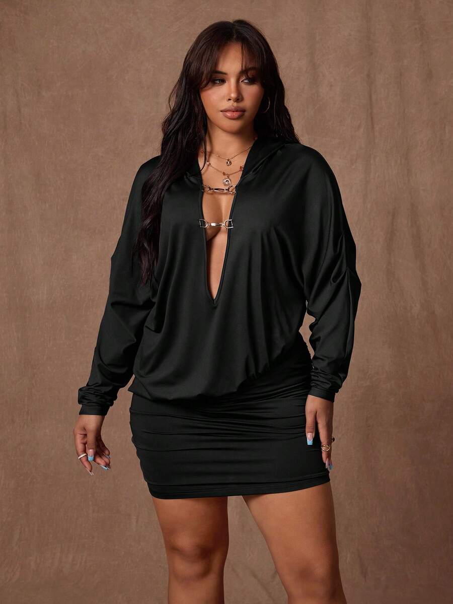 Deep V Hooded Plus Size Polyester Solid Color Sexy Party Autumn Winter  Elegant Bodycon Mini Dress