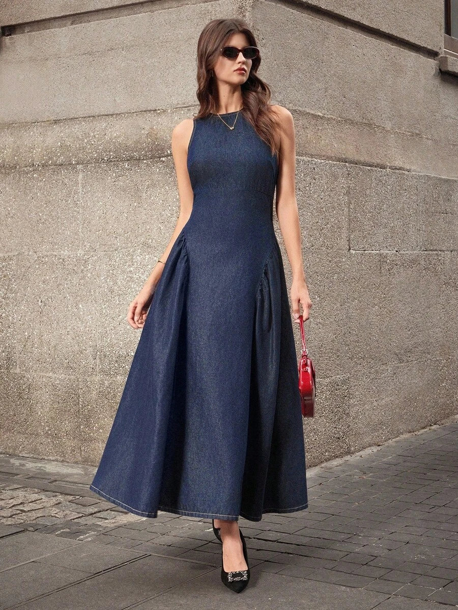 Women's Cutout Back Denim Maxi Dress with Side Ties – Canary Houze