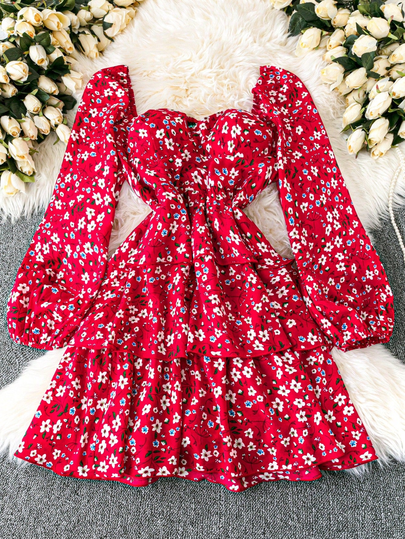 DreamSkyne Plus Size Women Elegant Floral Layered Ruffle Waist Midi Dress DreamSkyne Plus Size Women Elegant Floral Layered Ruffle Waist Midi Dress