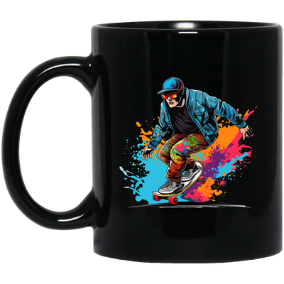 Cool Man, Cool Boy, Boy With Skateboard, Skateboarding Watercolor Black Mug
