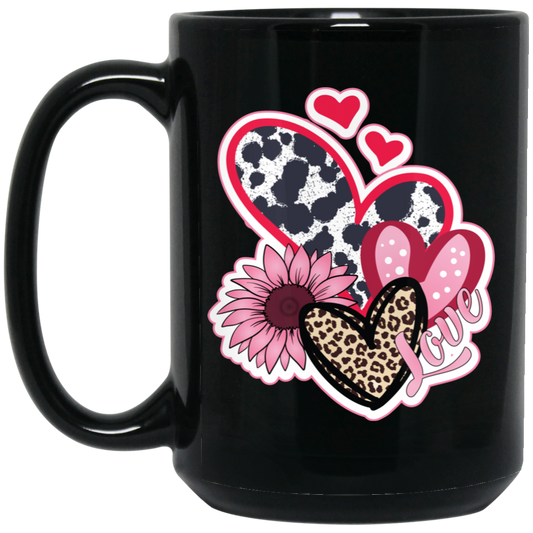 Love Heart, Valentine Heart, Pink Heart, Pink Sunflower, Leopard Heart Black Mug