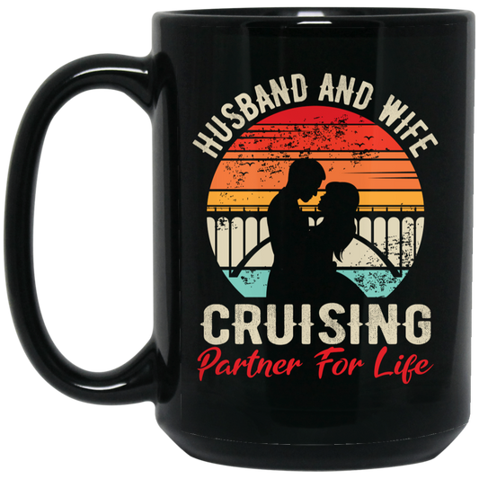 Husband And Wife Cruising Partner For Life, Retro Valentine, Couple Silhouette Black Mug
