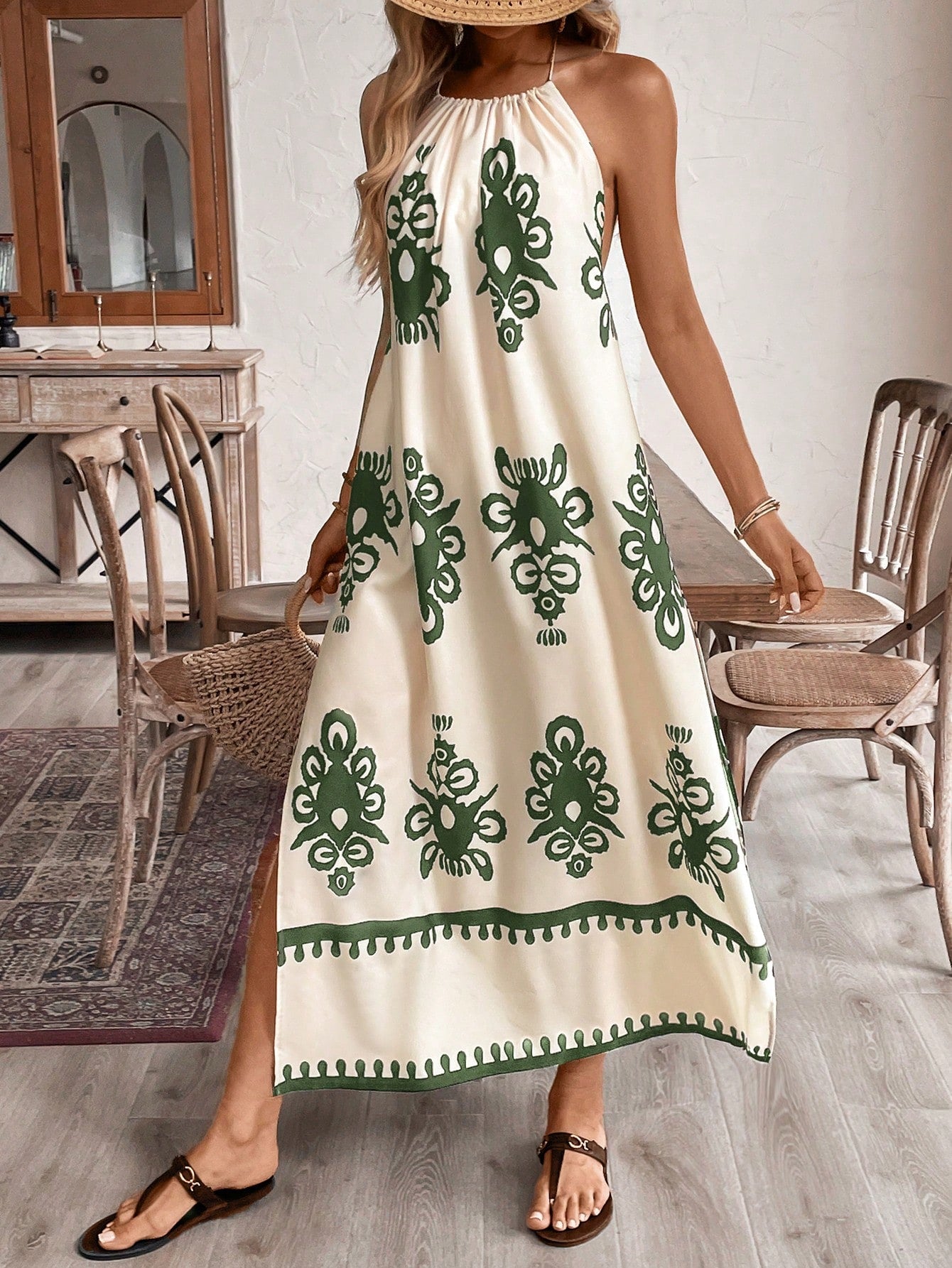 Effortless Elegance: Women's High-Split Backless Summer Dress with Hal