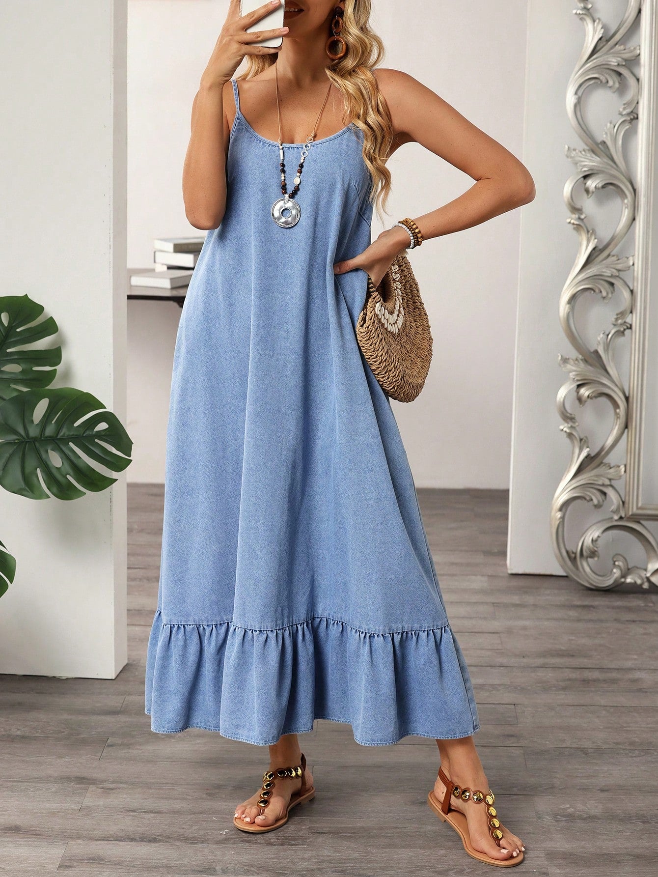 Effortless Summer Chic: Women's Casual Ruffle Hem Denim Dress with  Adjustable Spaghetti Straps Effortless Summer Chic: Women's Casual Ruffle Hem Denim Dress with Adj –  Canary Houze