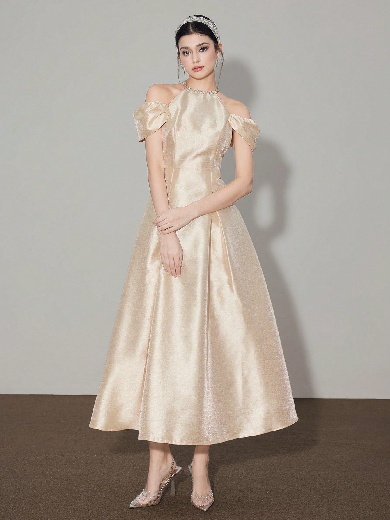 Elegant A-Line Rhinestone Decor Mid-Length Dress with Off-Shoulder Sleeves Elegant A-Line Rhinestone Decor Mid-Length Dress with Off-Shoulder Sleeves