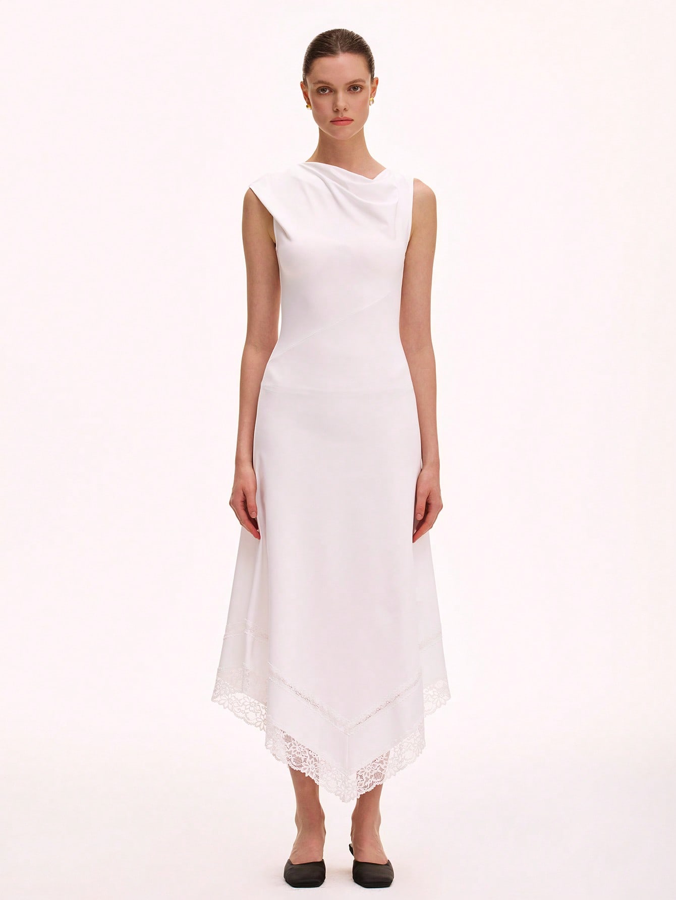 Elegant Asymmetrical Neckline White Lace-Inset Fishtail Dress for Chic –  Canary Houze