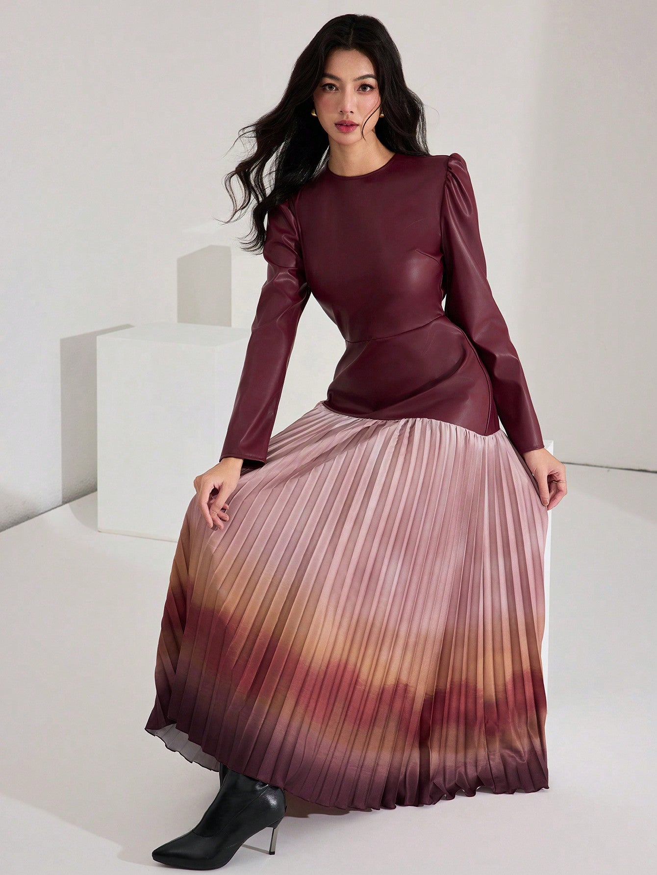 Elegant Autumn Burgundy Leather Ombre Long Dress with Pleated Hem and