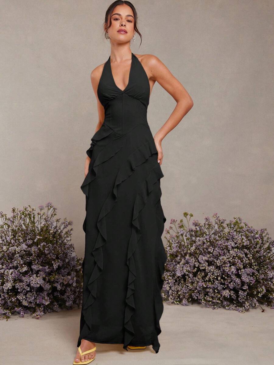 Elegant Beige Halter Neck Ruffle Maxi Dress for Romantic Summer Outings Elegant Beige Halter Neck Ruffle Maxi Dress for Romantic Summer Outings