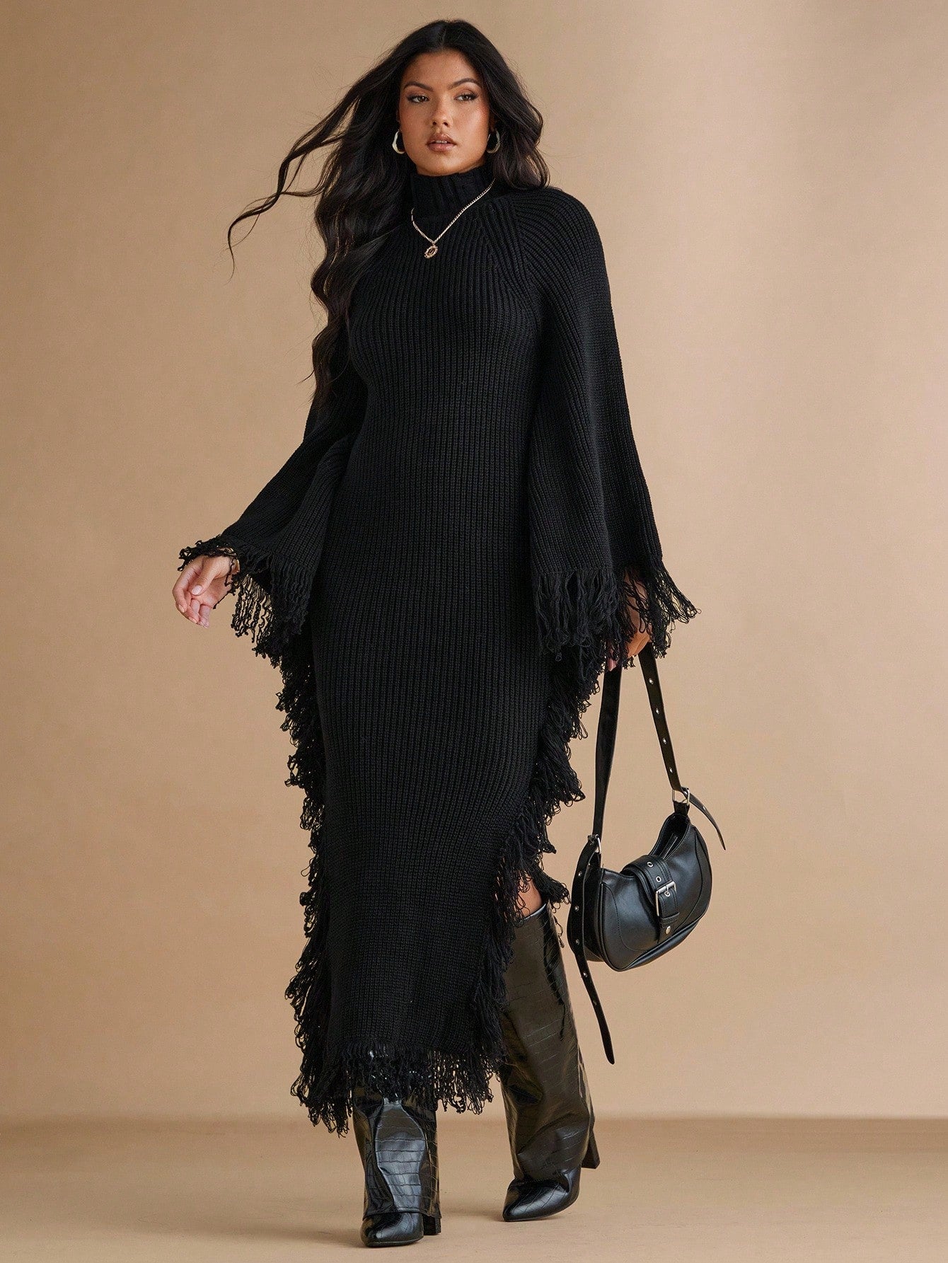 Elegant Black Fringe Turtleneck Knit Dress for Women