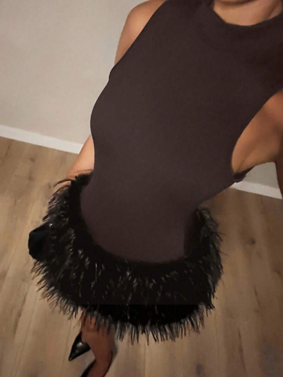 Elegant Black High-Collar Feather Dress with Furry Patchwork for Night   Canary Houze