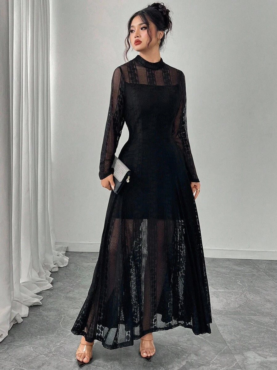 Elegant Black Hollow-Out Mesh Maxi Dress for Autumn Events
