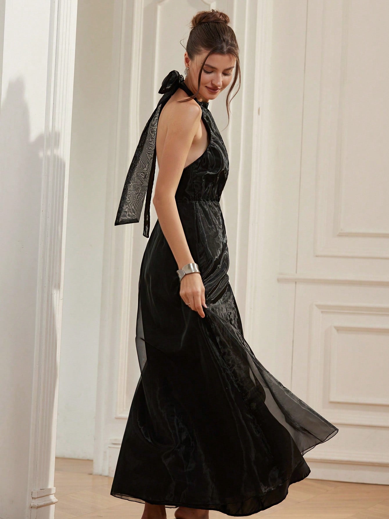 Elegant Black Organza Backless A-Line Dress with Detachable Bowknot fo Canary Houze Elegant Black Organza Backless A-Line Dress with Detachable Bowknot fo Canary Houze