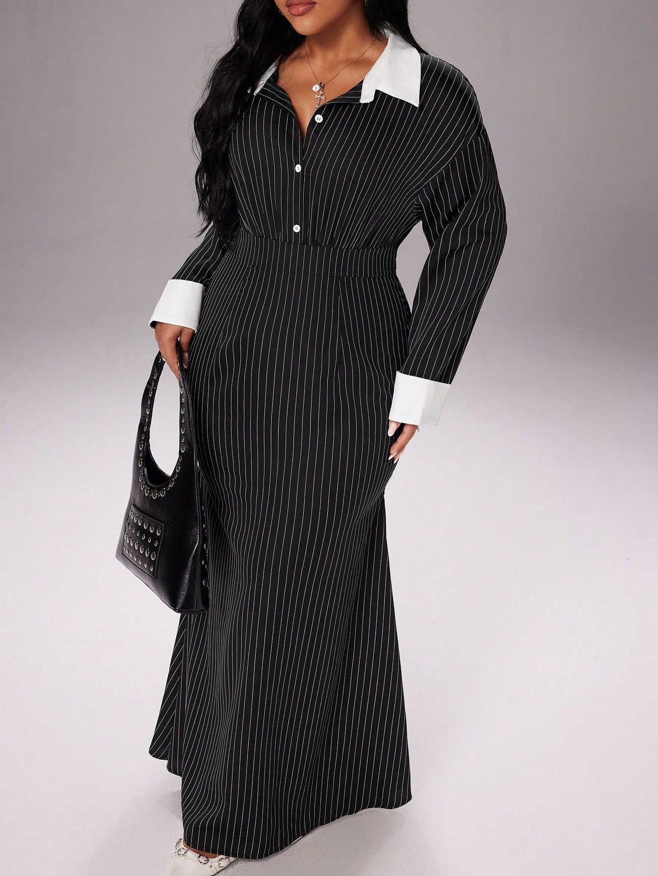 bodycon midi shirt dress Shein |Spring, Fall, Winter, Spring/Fall, Fall/Winter, Black Striped Contrast Color Shirt Collar Shirt Cuff Midi Dress, Women's Fitted Waist Slimming