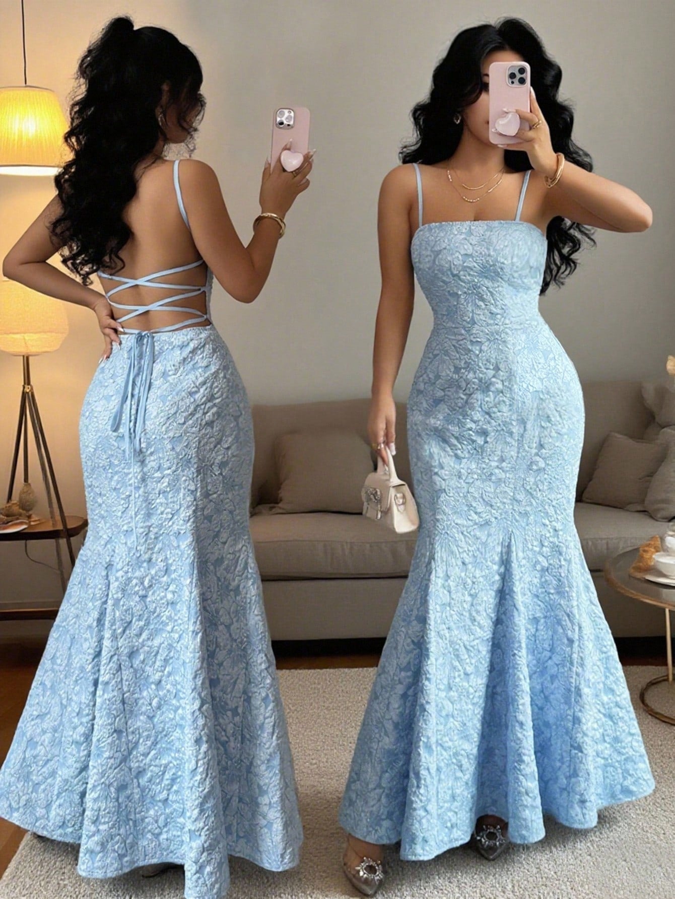 princess polly baby blue dress Elegant Blue Floral Satin Fishtail Halter Gown for Women