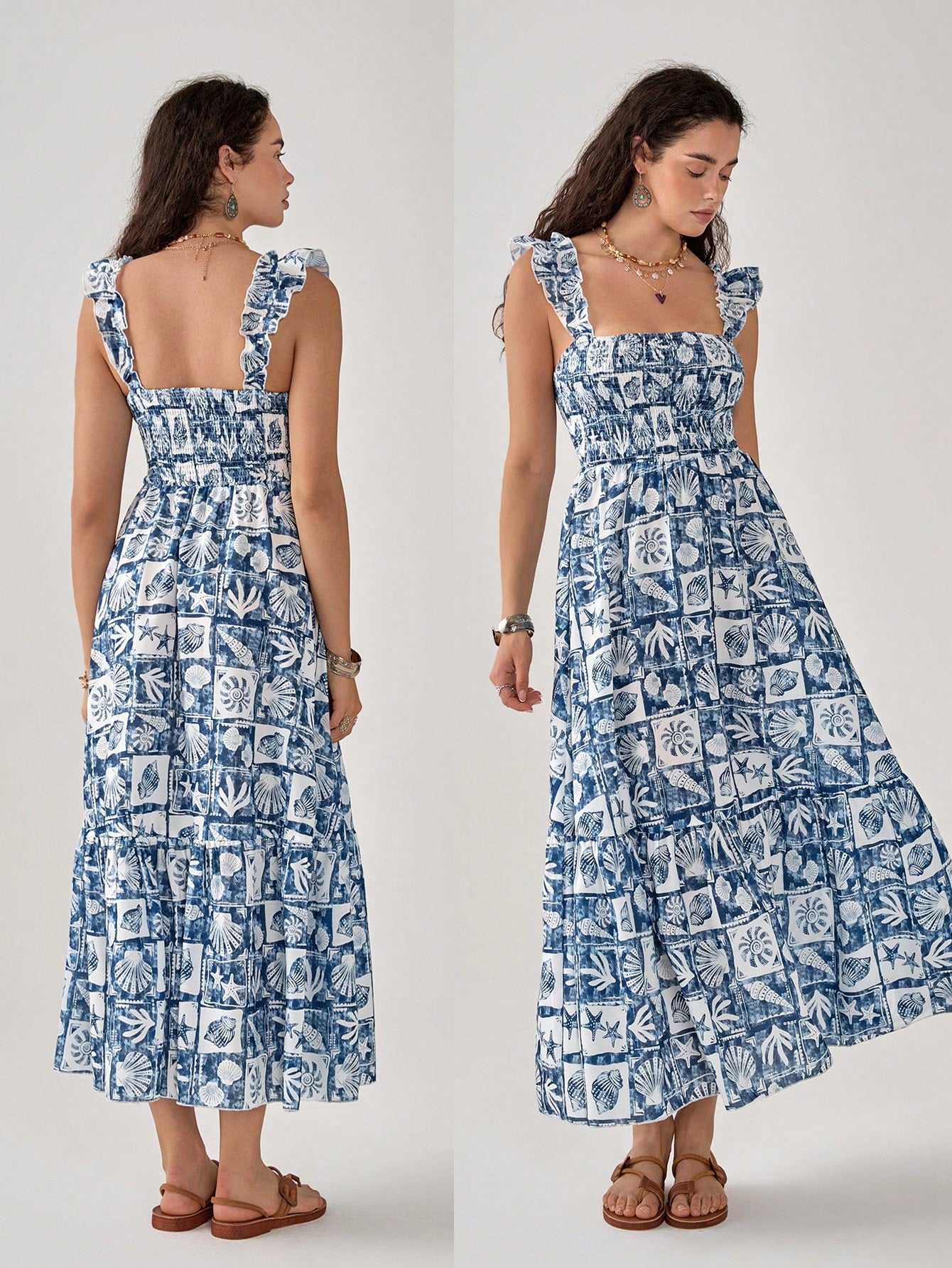 Elegant Blue Shell Print Casual Slip Dress for Women