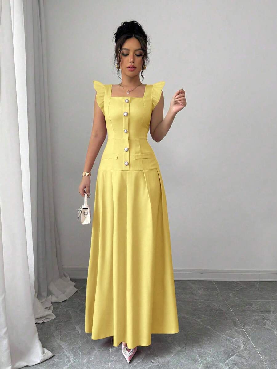 Elegant Boho Summer Dress for Women | Square Neck, Cap Sleeves, and A- Canary Houze Elegant Boho Summer Dress for Women | Square Neck, Cap Sleeves, and A- Canary Houze
