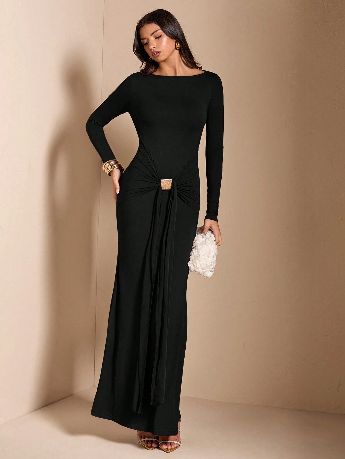 Elegant Brown Fishtail Midi Dress with Long Sleeves for Autumn-Winter –  Canary Houze