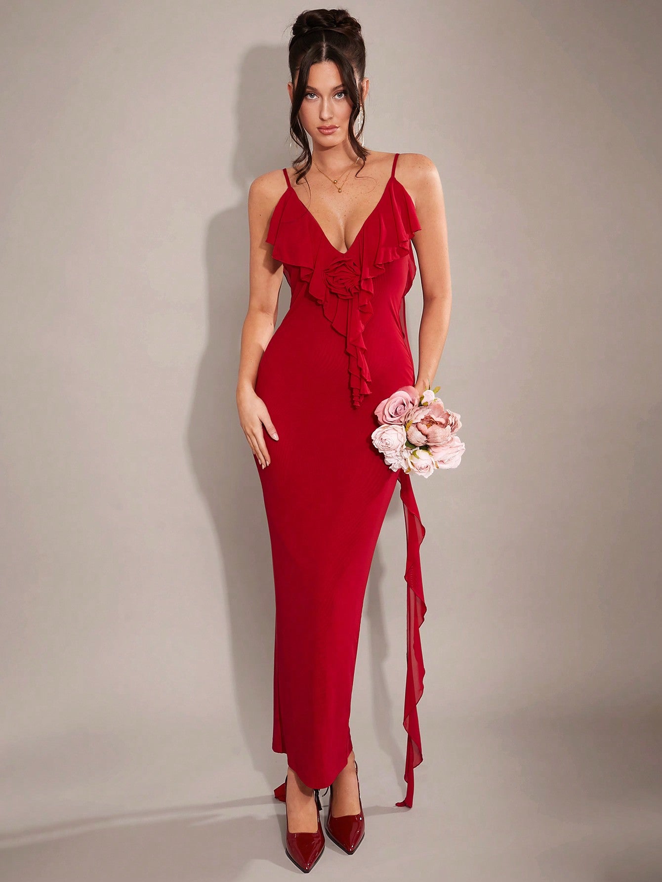 Elegant Burgundy Bodycon Dress with Ruffle Straps - Perfect for Valent Canary Houze Elegant Burgundy Bodycon Dress with Ruffle Straps - Perfect for Valent Canary Houze