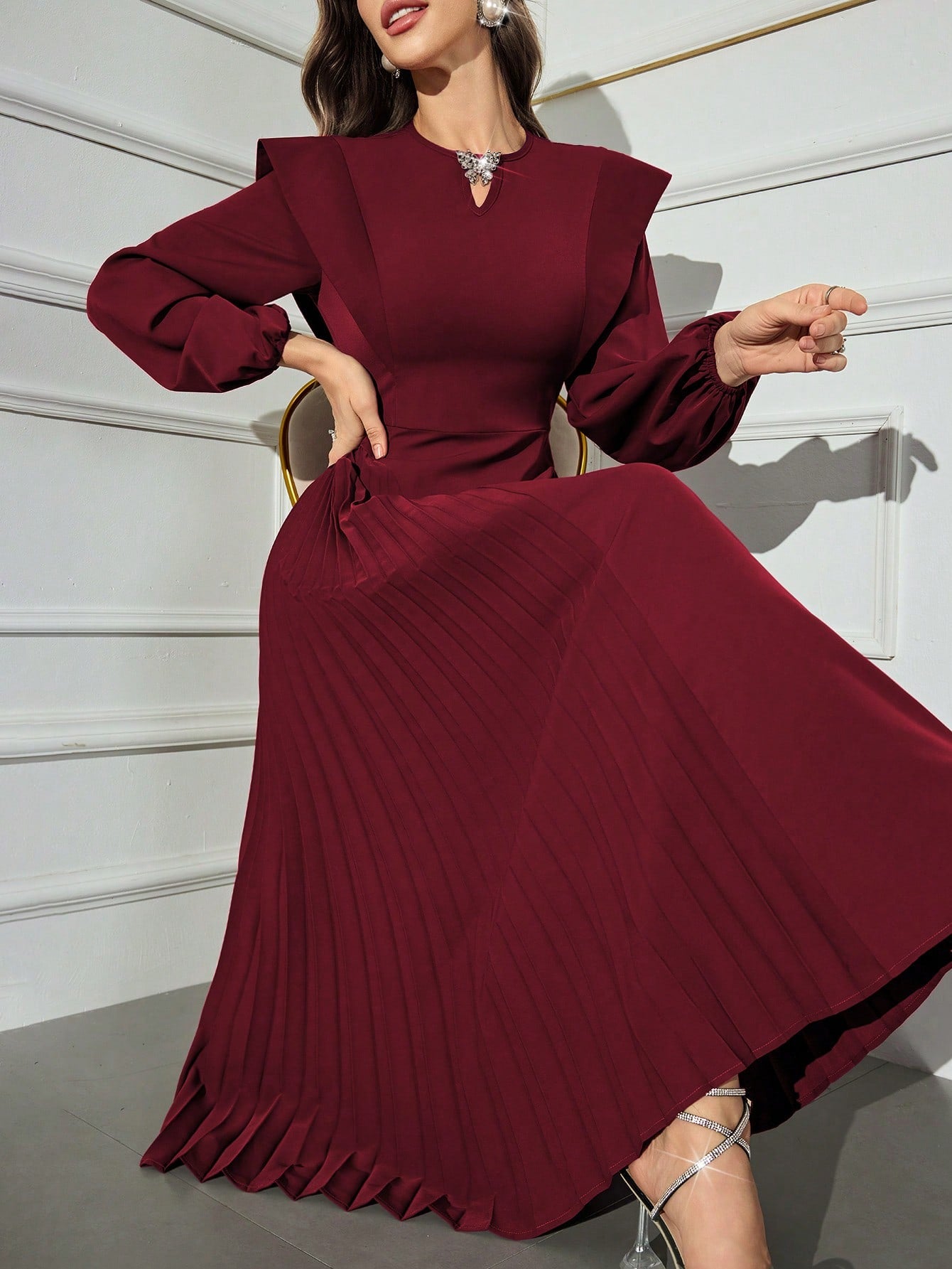 Elegant Burgundy Red Keyhole Neckline Lantern Sleeve Dress with Pleate Canary Houze Elegant Burgundy Red Keyhole Neckline Lantern Sleeve Dress with Pleate Canary Houze