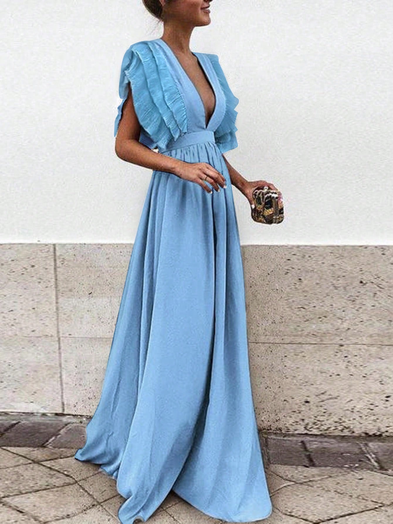 deep blue summer dress Easter Dresses Casual Solid Backless V Neck Long Dresses(Light Blue/M)