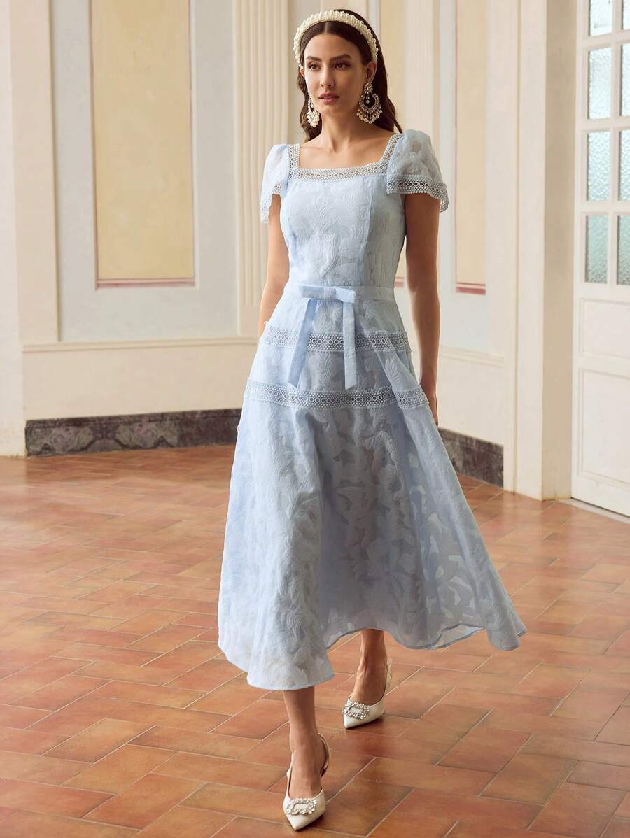 Elegant Floral Lace Patchwork Ruffle Waist Dress for a Chic Summer Look