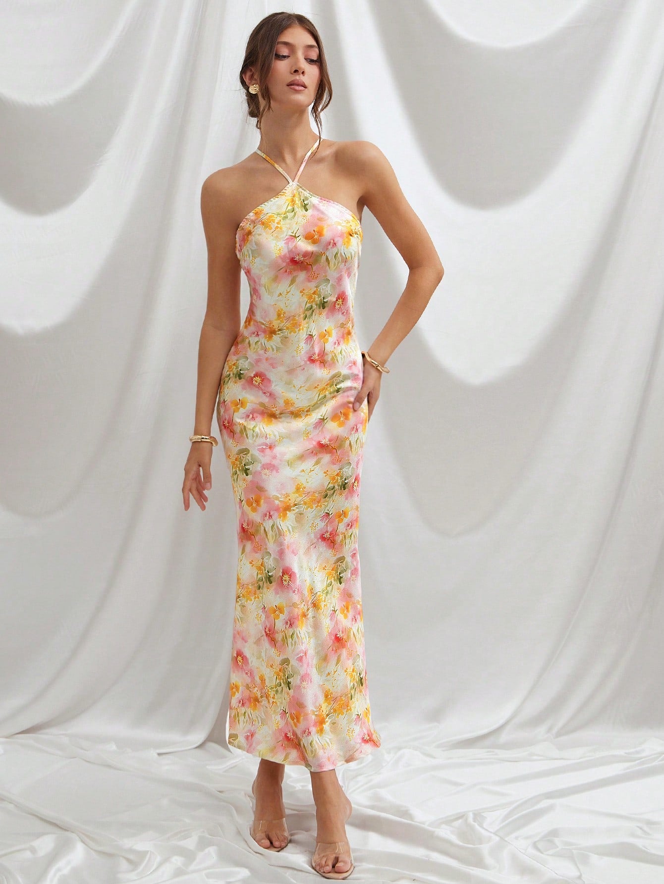 Elegant Floral Multicolor Satin Halter Neck Maxi Dress - Perfect for S Canary Houze Elegant Floral Multicolor Satin Halter Neck Maxi Dress - Perfect for S Canary Houze