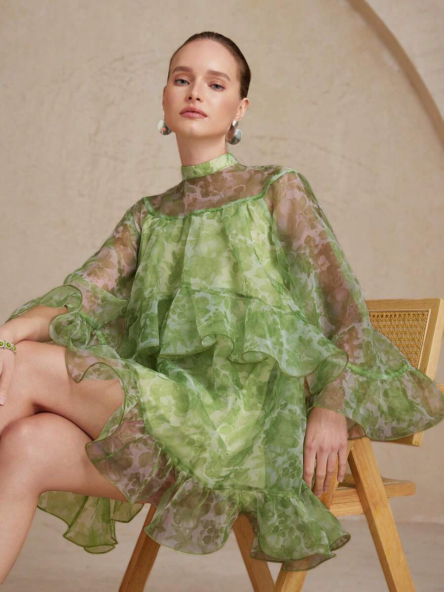 Elegant Floral Organza Mini Dress: Perfect Long Sleeve Outfit for Vale Canary Houze Elegant Floral Organza Mini Dress: Perfect Long Sleeve Outfit for Vale Canary Houze
