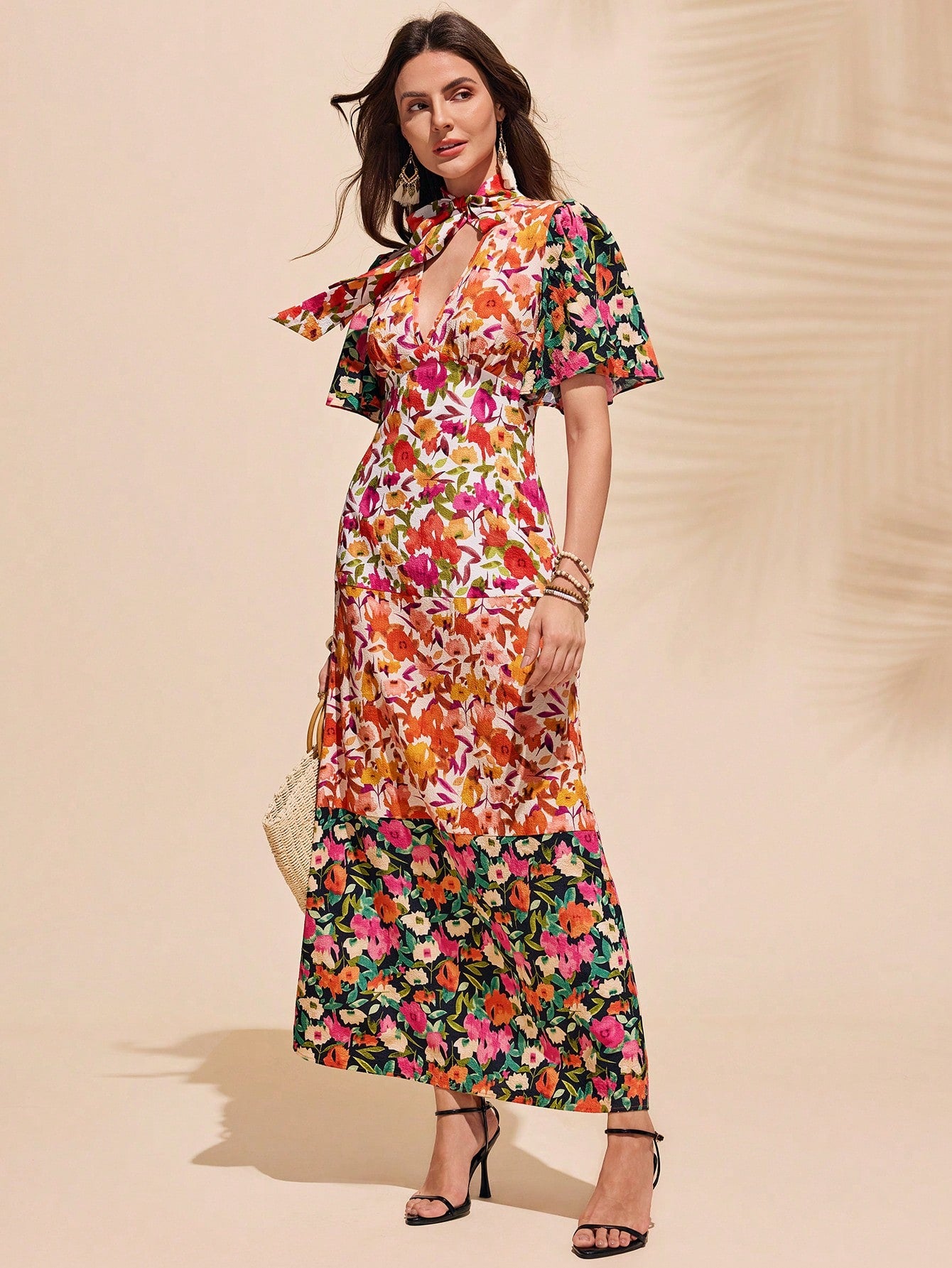 dress floral ruffle midi Elegant Floral Patchwork Ruffle Midi Dress with Cinched Waist for Women