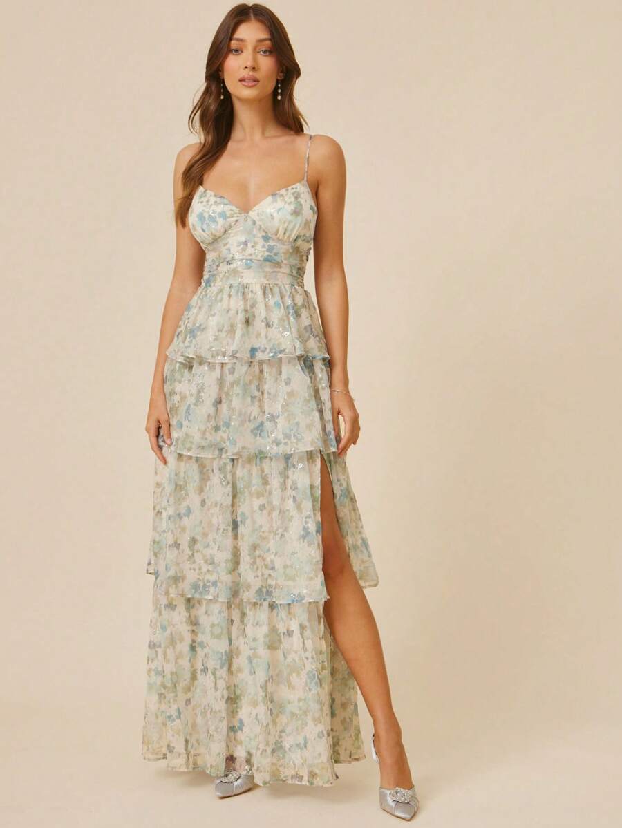 Elegant Floral Print Ruffle Hem Slit Dress for Women - Perfect Summer Canary Houze Elegant Floral Print Ruffle Hem Slit Dress for Women - Perfect Summer Canary Houze